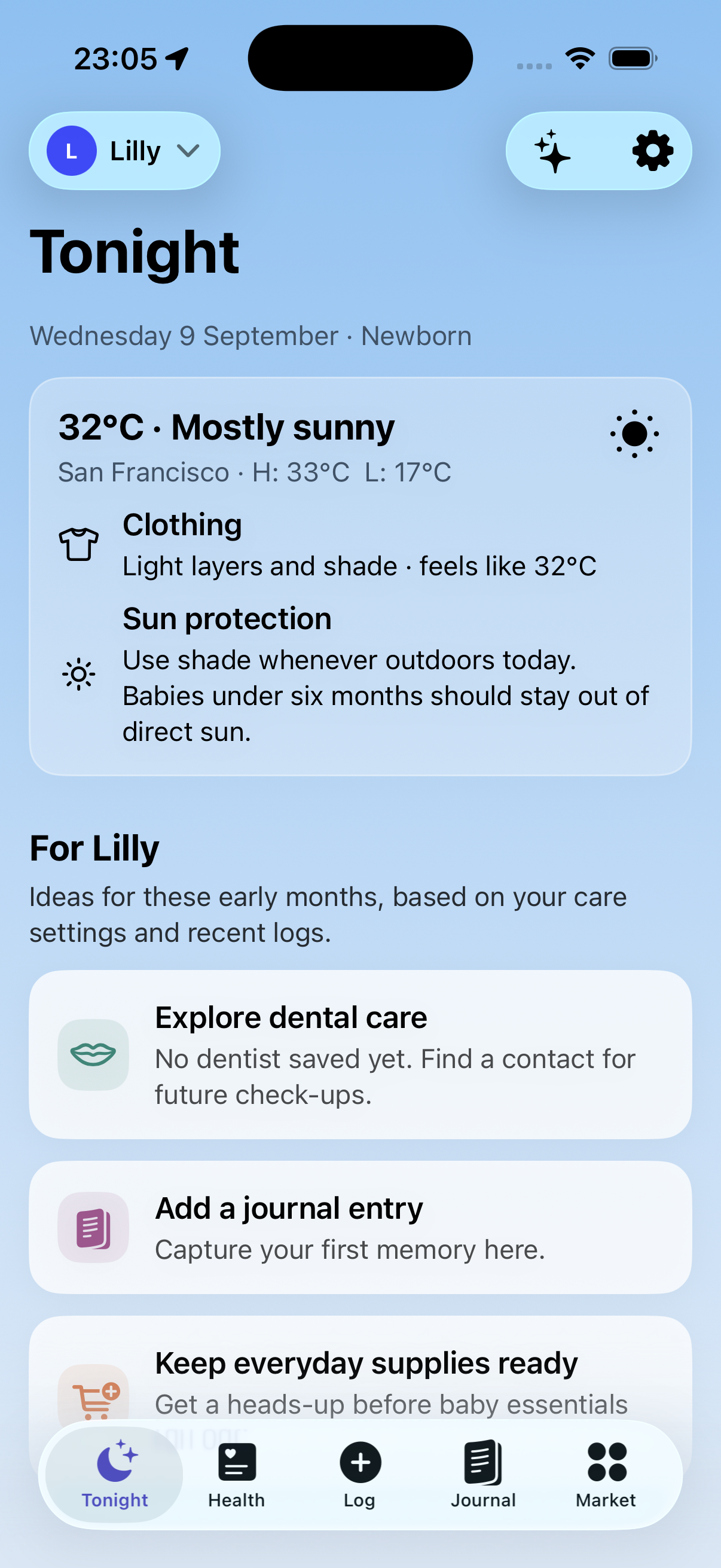 Tiny Logger Tonight screen showing weather guidance and family suggestions